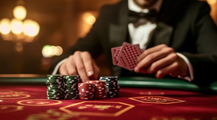 Close-up of dealer hand revealing matching card at Andar Bahar table